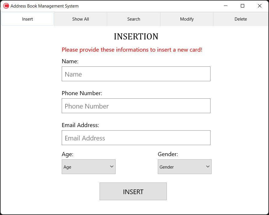 Preview of the Address Book Management System (ABMS) desktop application